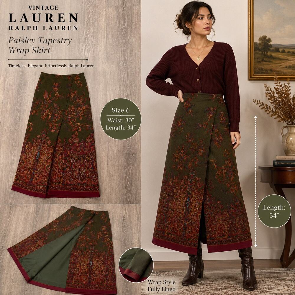 Vintage Lauren Ralph Lauren Paisley Wrap Midi Skirt Wool Blend Boho 6 Equestrian - Picture 1 of 10